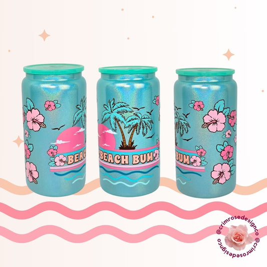 Teal shimmer cup with beach design