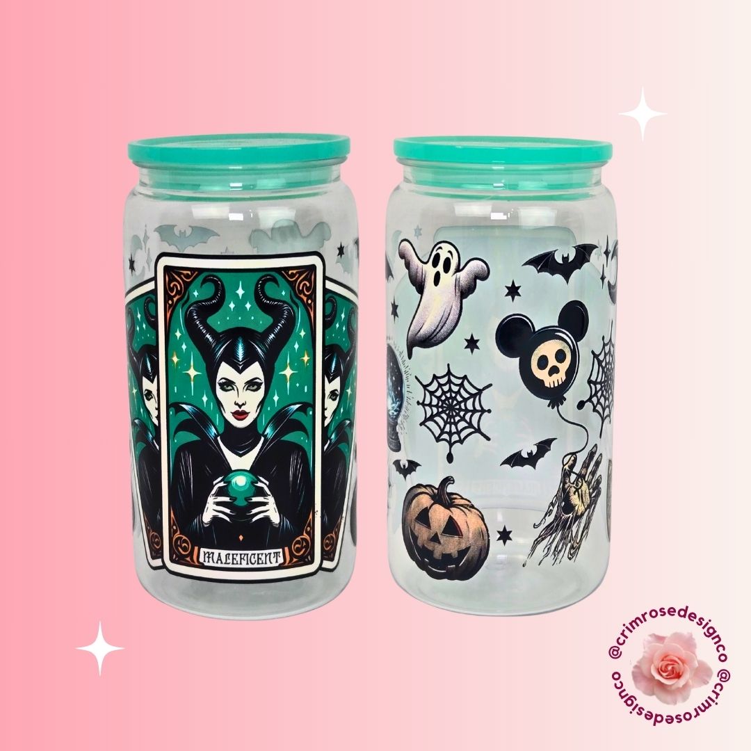 16oz acrylic cup designed with maleficent theme topped with green lid