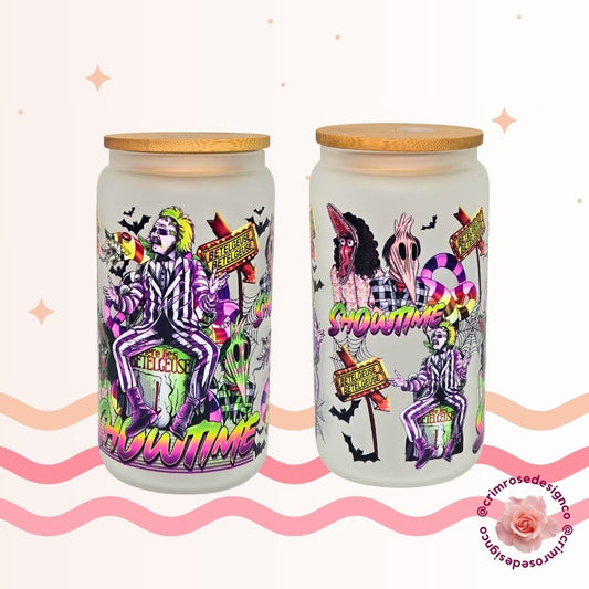 16oz frosted glass libby with the theme beetlejuice