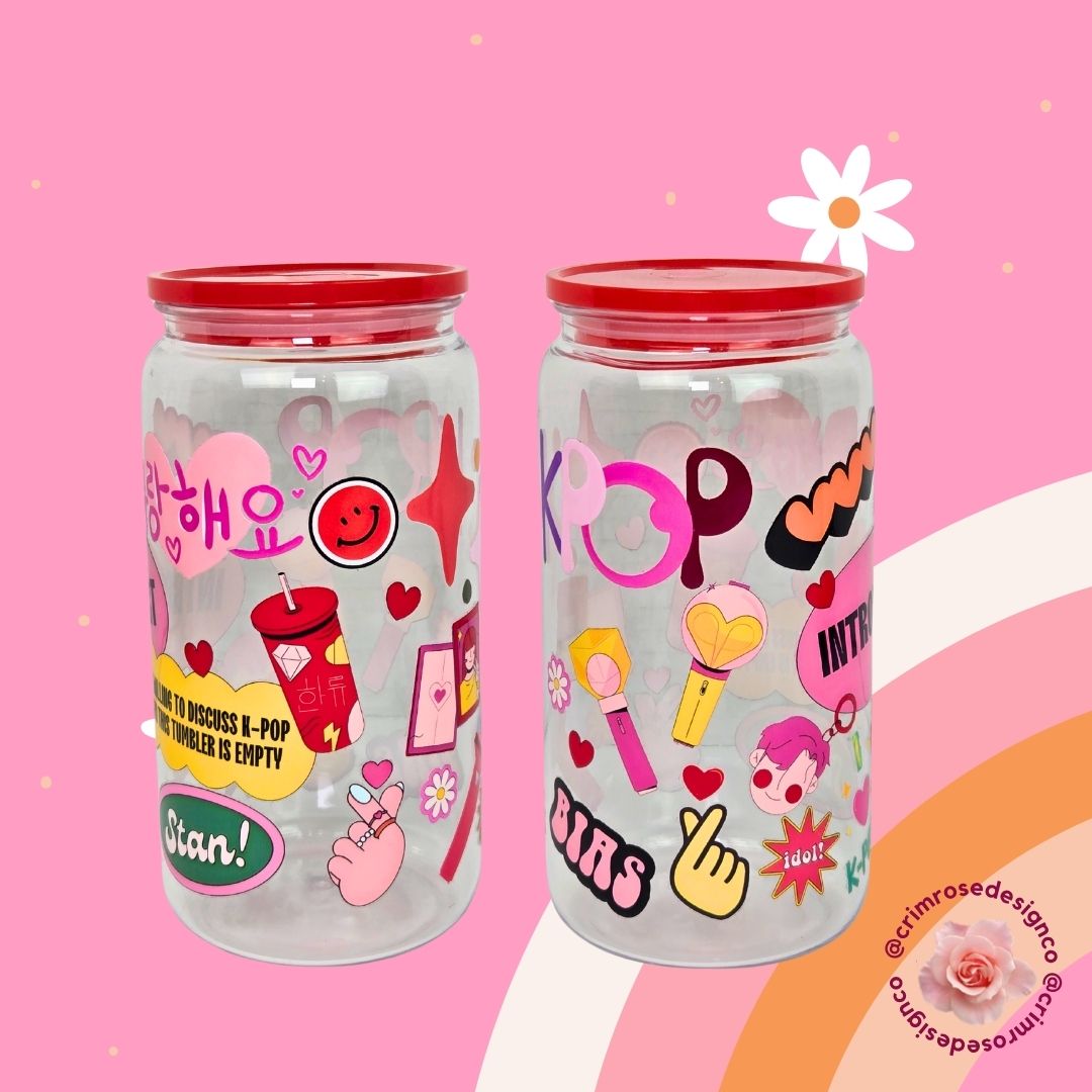 16oz acrylic cup for kpop fans topped with a red lid