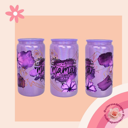 Purple shimmer glass cup with mama affirmations and floral design