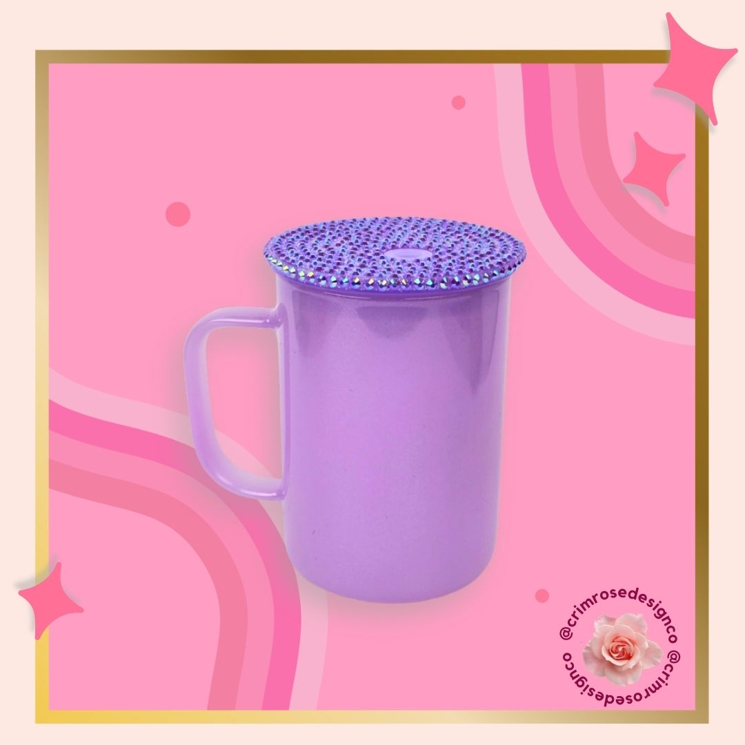 17oz shimmer glass mug in purple and comes with a matching rhinestone lid.