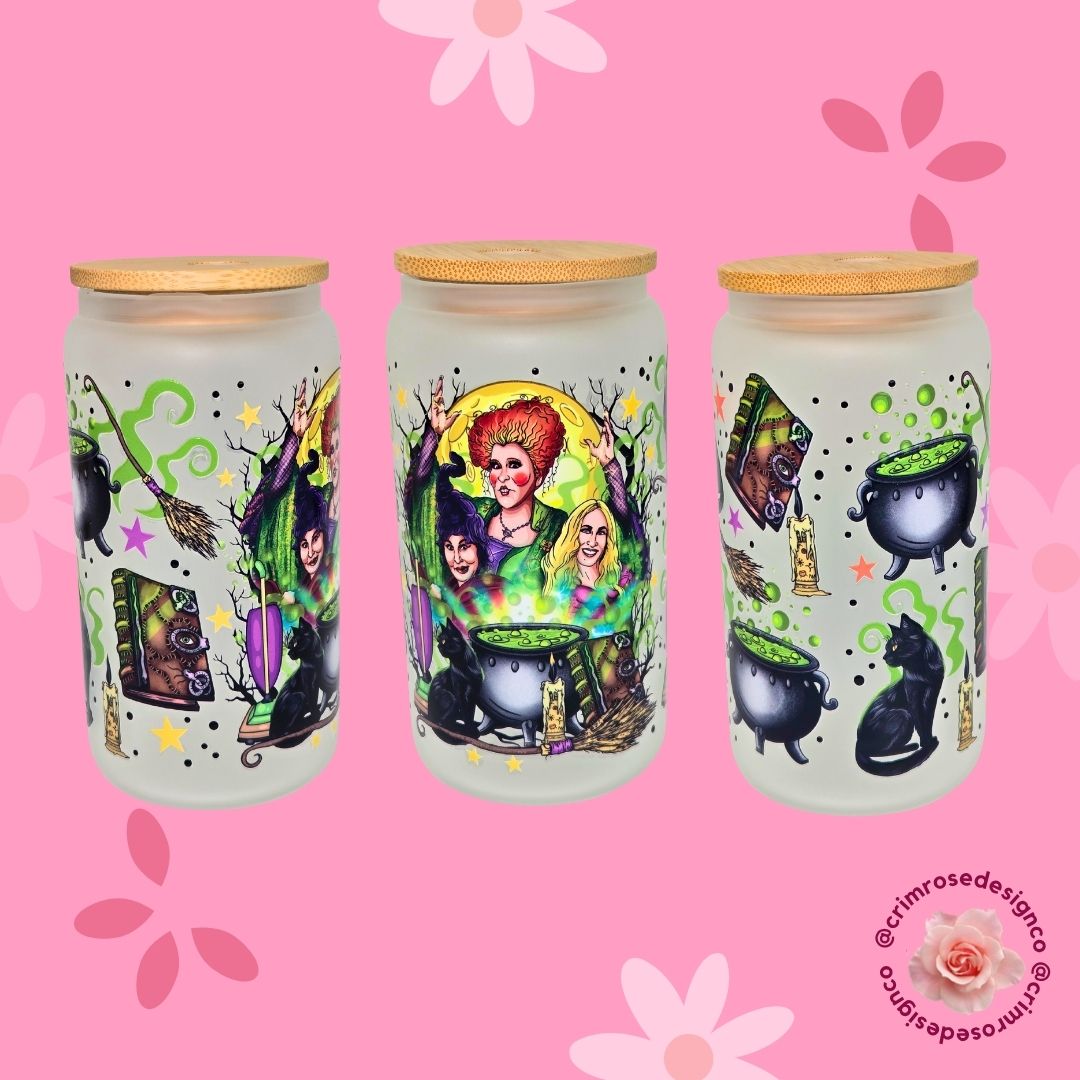 A bewitching 16oz frosted glass libbey with the Sanderson Sisters design.