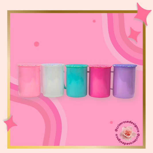 17oz glass mugs in pink, white, teak, hot pink, purple and comes with a matching rhinestone lid.