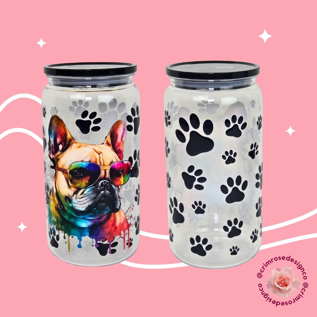 A playful cup featuring an adorable French Bulldog, pawprints, and pops of paint for the ultimate dog‑lover’s drinkware