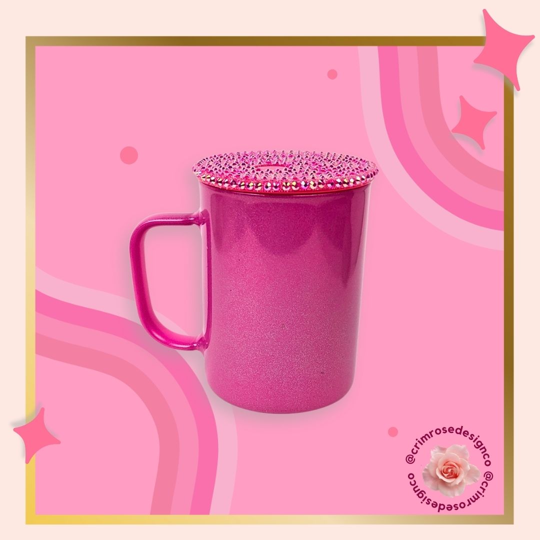 17oz shimmer glass mug in hot pink and comes with a matching rhinestone lid. 