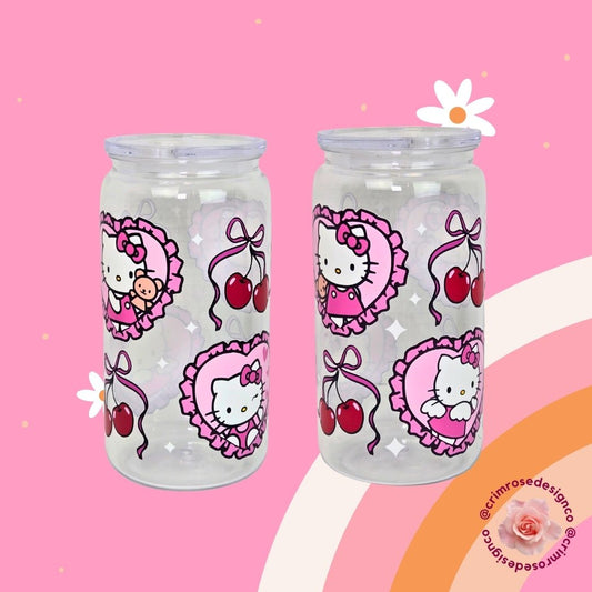 16oz acrylic cup decorated in cherries and cute pink kitty