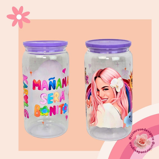 16oz acrylic cup with a becky g design topped with a purple lid