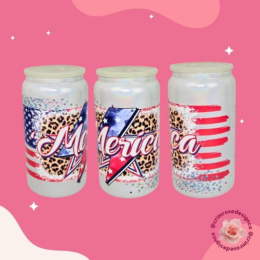 16oz white shimmer glass cup with merica theme design 