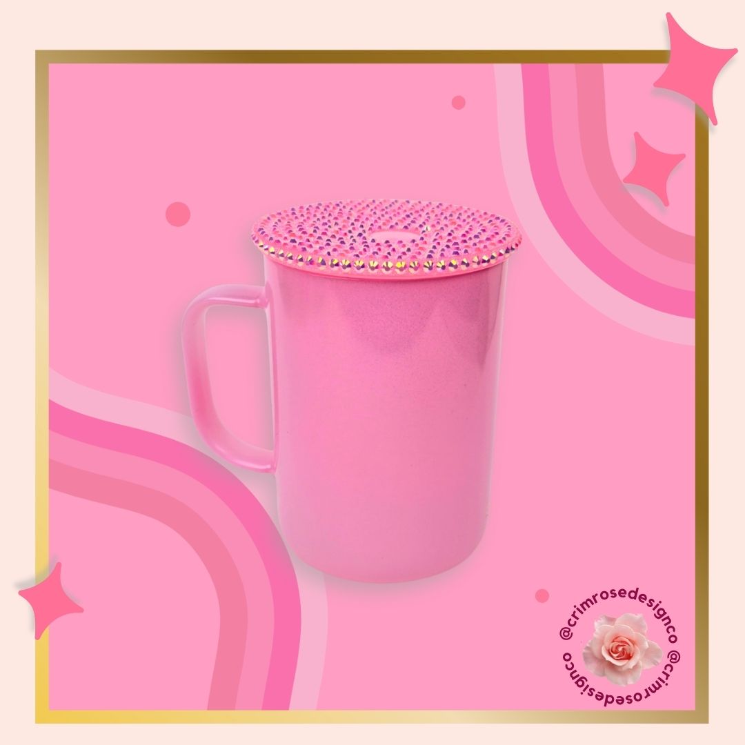17oz shimmer glass mug in pink and comes with a matching rhinestone lid. 
