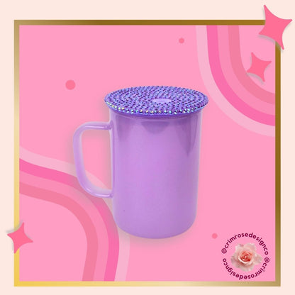 17oz shimmer glass mug in purple and comes with a matching rhinestone lid. 