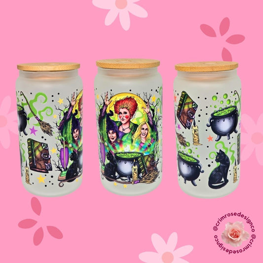 A bewitching 16oz frosted glass libbey with the Sanderson Sisters design.