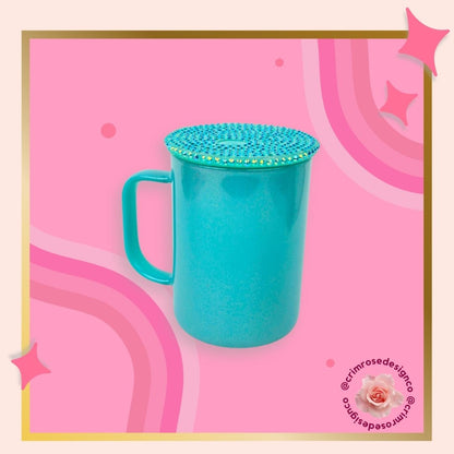17oz shimmer glass mug in teal and comes with a matching rhinestone lid. 