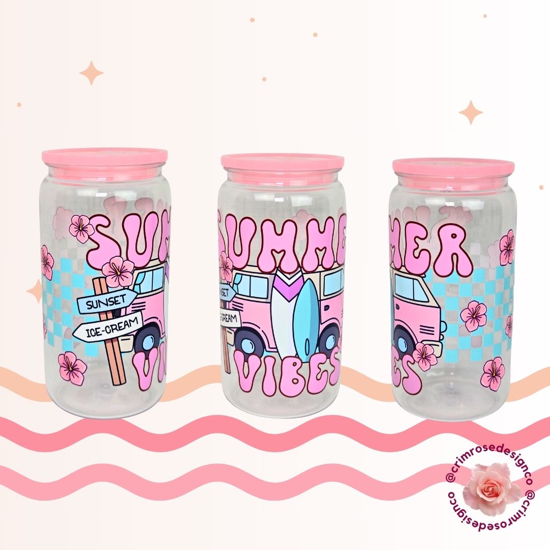 16oz acrylic cup perfect for summer lovers, who enjoy the beach, waves, and all the vibes summer brings. It's topped with a pink lid