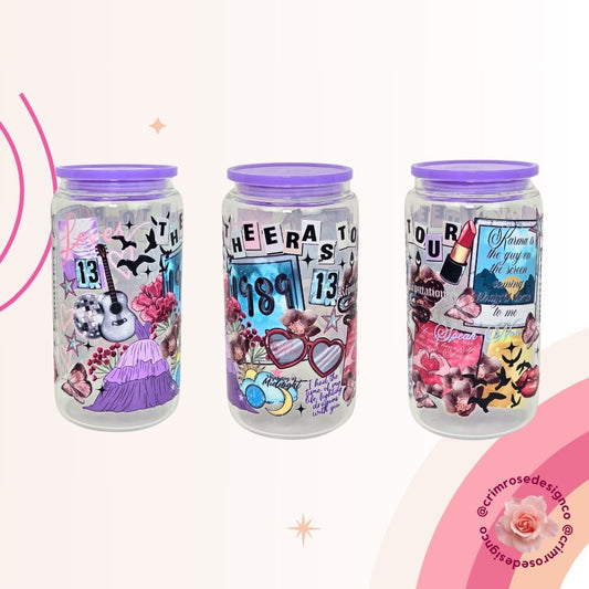 16oz clear acrylic cup decorated with taylor swift "the eras tour" and topped with a purple lid