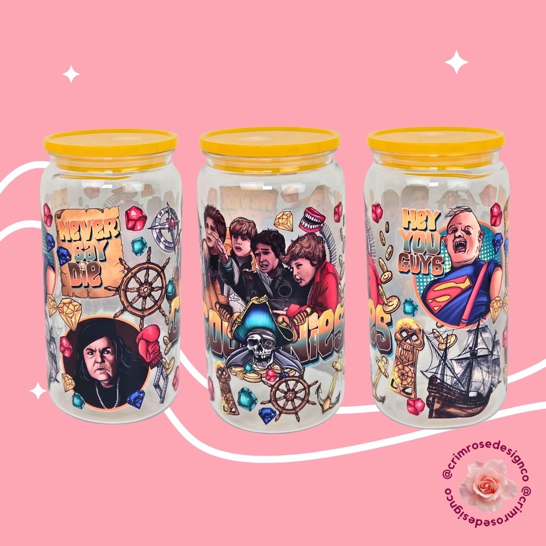 16oz clear acrylic lid with the theme the goonies topped with a yellow lid