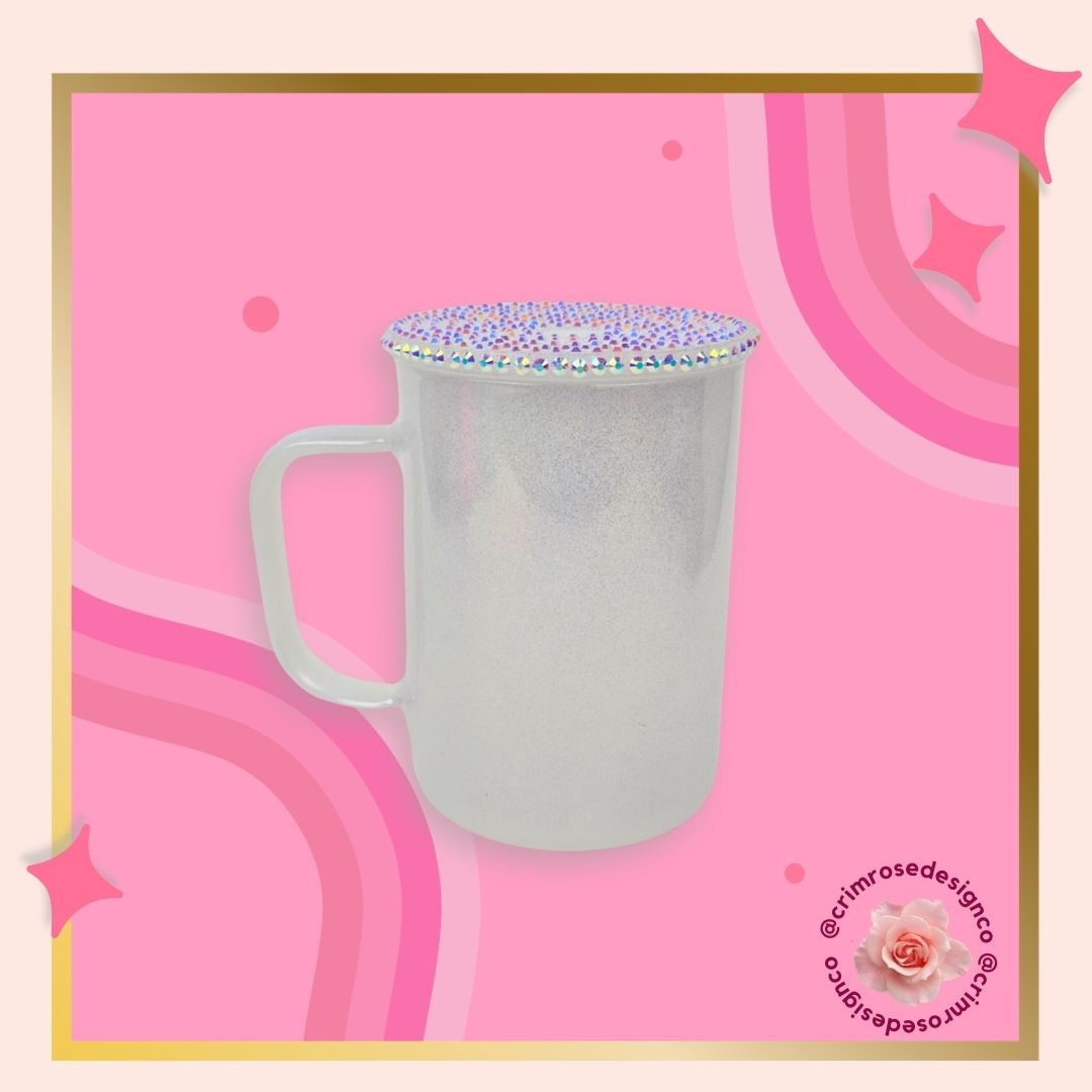 17oz shimmer glass mug in white and comes with a matching rhinestone lid. 